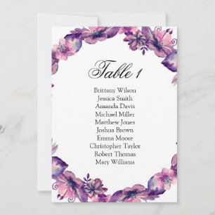 Purple flowers seating chart. Wedding table plan Invitation