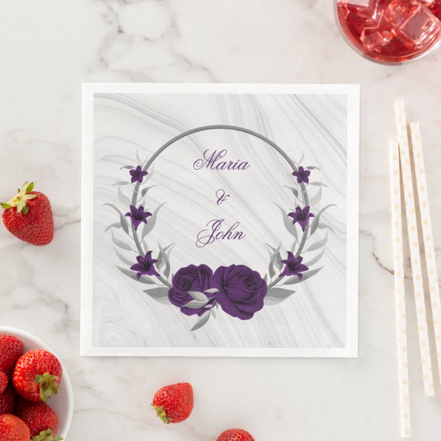 purple flowers silver botanical wreath marble napkin (Insitu)