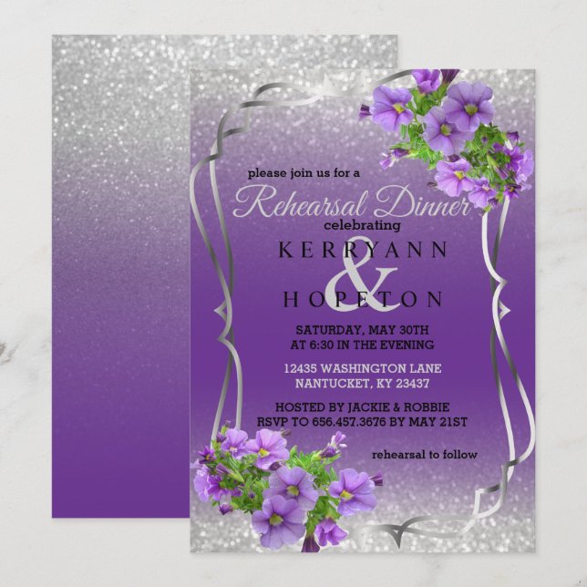 Purple Flowers & Silver Glitter - Rehearsal Dinner Invitation (Front/Back)