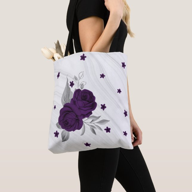 purple flowers silver leaves marble tote bag (Close Up)