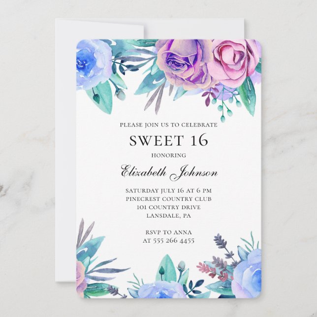 Purple flowers sweet 16. Blue floral 16th birthday Invitation (Front)