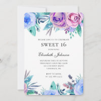 Purple flowers sweet 16. Blue floral 16th birthday