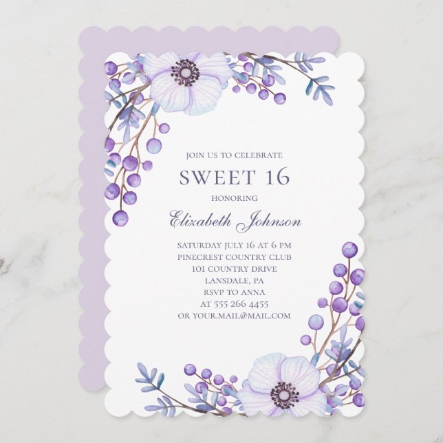 Purple flowers Sweet 16. Floral 16th birthday Invitation (Front/Back)