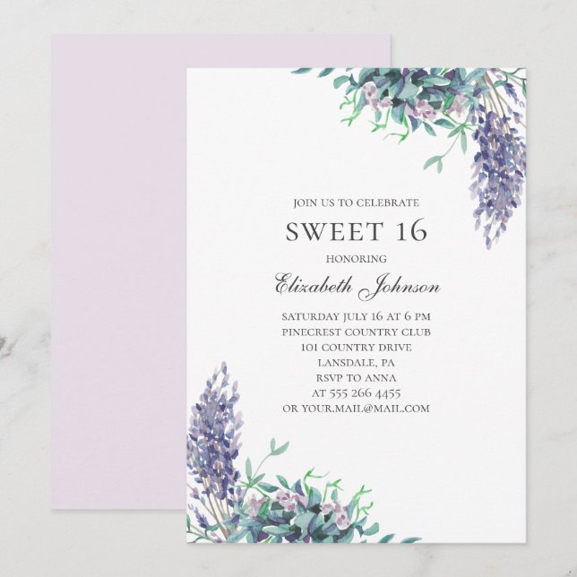 Purple flowers Sweet 16. Lavender 16th birthday Invitation (Front/Back)