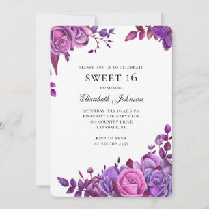 Purple flowers sweet 16. Pink floral 16th birthday Invitation