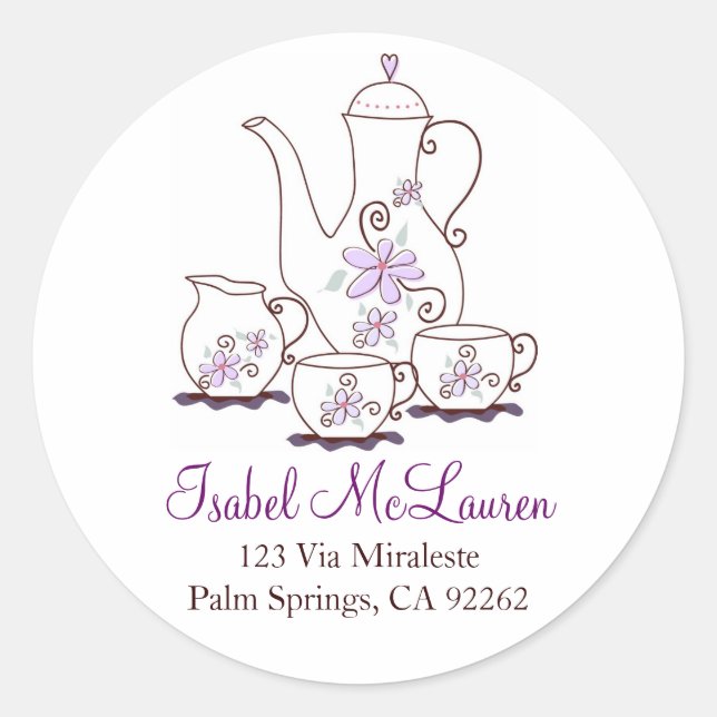 Purple Flowers Tea Set Address Labels (Front)