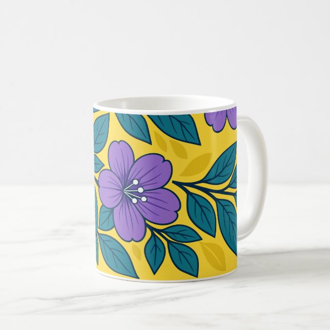 Purple Flowers & Teal Leaves on Yellow Background Coffee Mug (Front Right)