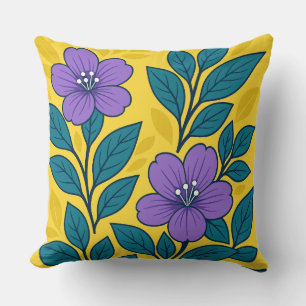 Purple Flowers & Teal Leaves on Yellow Background Cushion