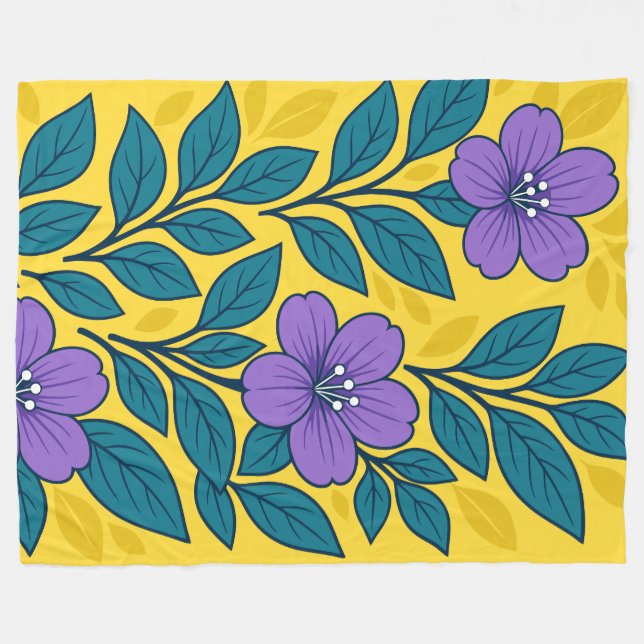 Purple Flowers & Teal Leaves on Yellow Background Fleece Blanket (Front (Horizontal))