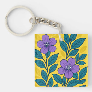 Purple Flowers & Teal Leaves on Yellow Background Key Ring