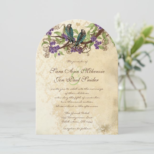 Purple Flowers Teal Vintage Birds Wedding Invite (Standing Front)