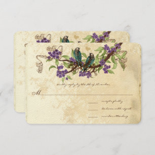 Purple Flowers Teal Vintage Birds Wedding RSVP Invitation