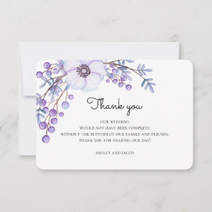 Purple flowers thank you. Botanical wedding note Invitation