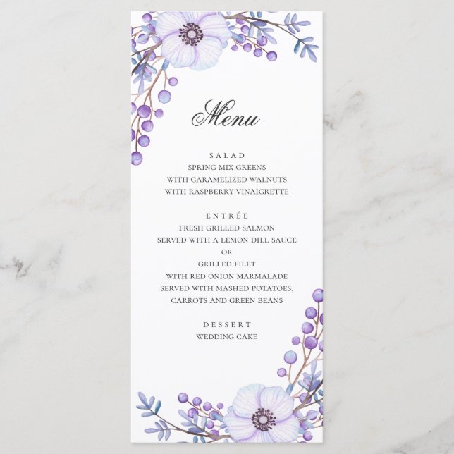 Purple flowers. Violet floral wedding dinner Menu (Front)