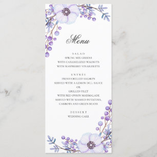 Purple flowers. Violet floral wedding dinner Menu