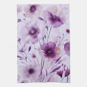 Purple Flowers Watercolor Blooms Elegant  Tea Towel