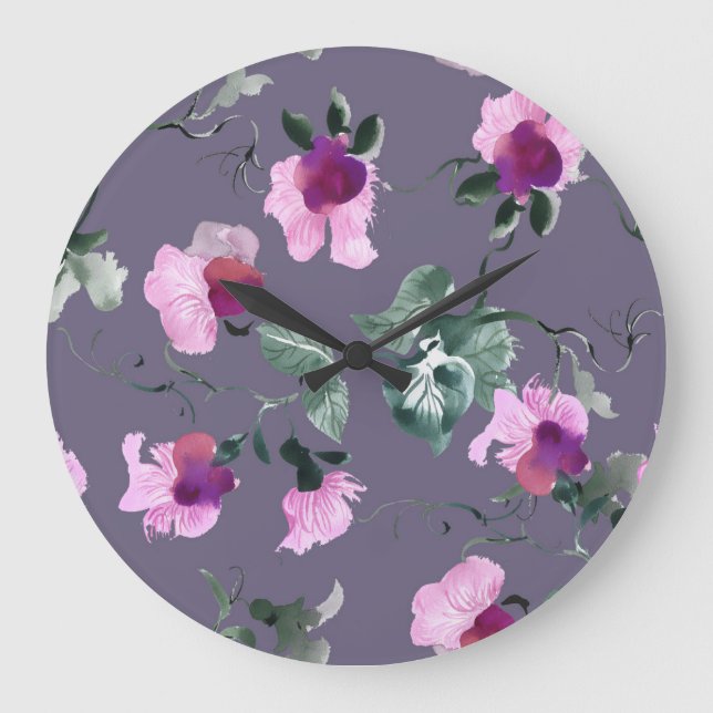 Purple flowers: watercolor seamless pattern. large clock (Front)