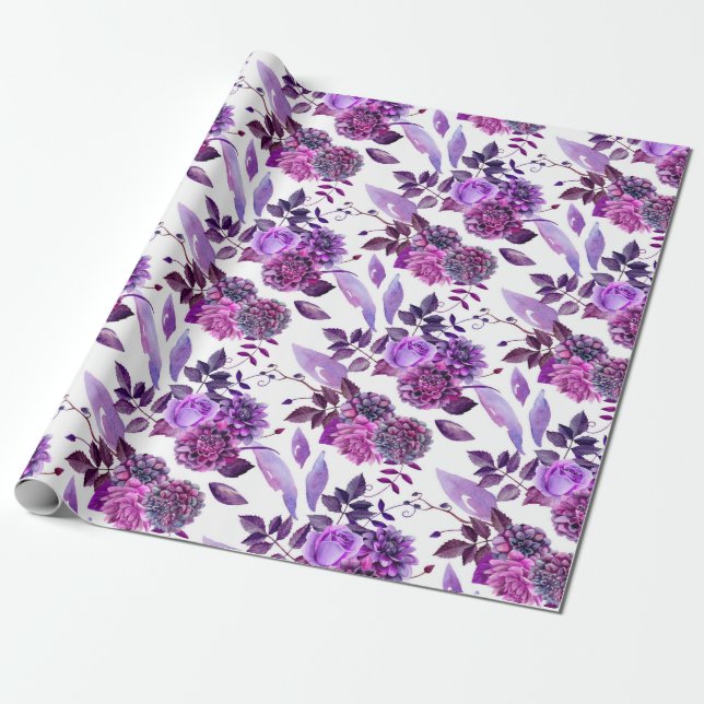 Purple flowers watercolor Violet floral Botanical Wrapping Paper (Unrolled)