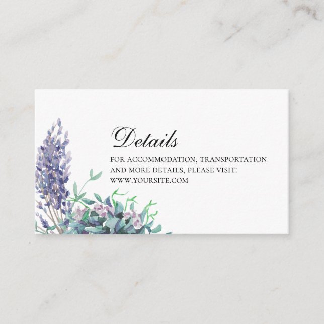 Purple flowers wedding details. Floral insert card (Front)