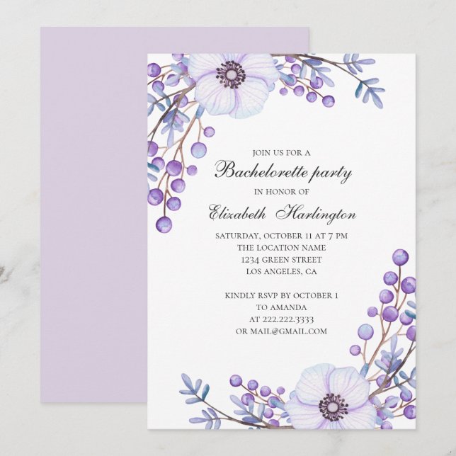 Purple flowers wedding. Floral bachelorette party Invitation (Front/Back)