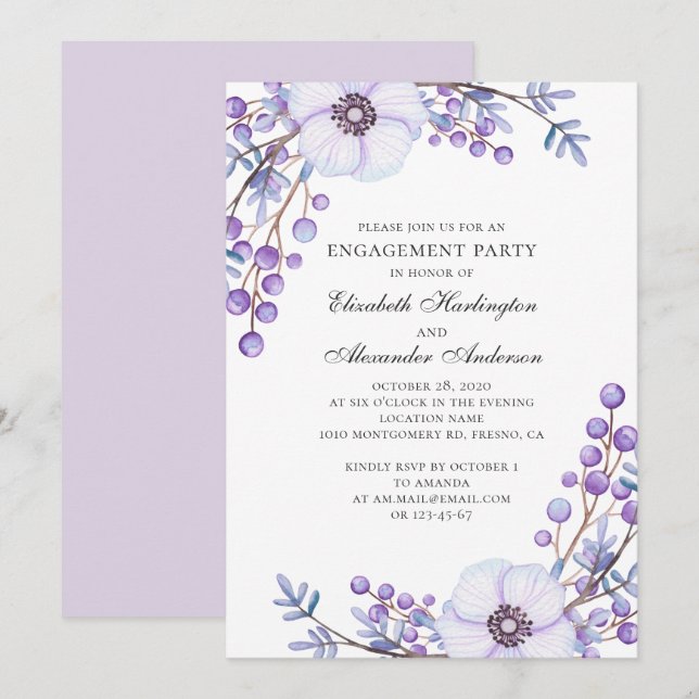 Purple flowers wedding. Floral engagement party Invitation (Front/Back)