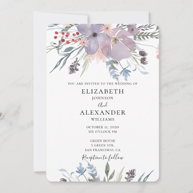 Purple flowers wedding invitation. Floral invite (Front)