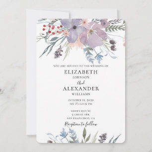 Purple flowers wedding invitation. Floral invite