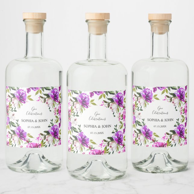 Purple Flowers Wedding Liquor Bottle Label (Bottles)