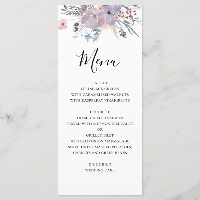 Purple flowers wedding menu. Lavender dinner menu (Front)