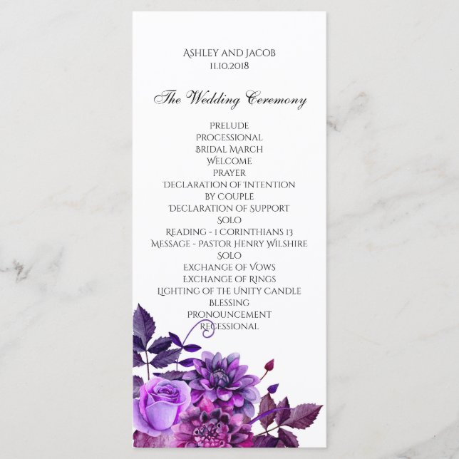 Purple flowers wedding program Floral сeremony Programme (Front)