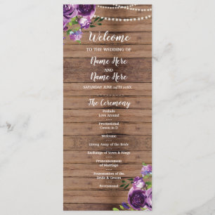 Purple Flowers Wedding Program Wood Rustic Floral Programme