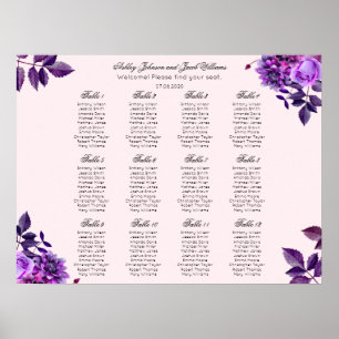 Purple flowers wedding seating chart. Pink floral Poster