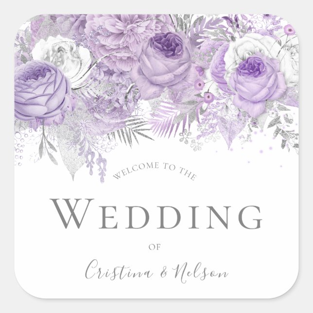 Purple Flowers Wedding Welcome Thank You Square Sticker (Front)