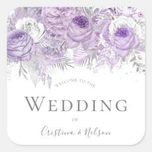 Purple Flowers Wedding Welcome Thank You Square Sticker