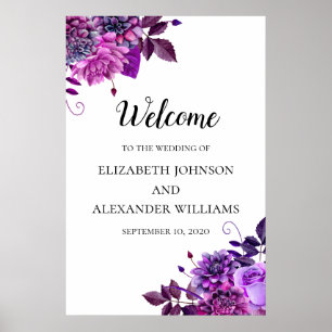 Purple flowers welcome sign. Wedding floral print