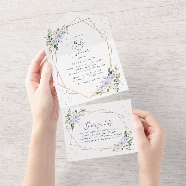 Purple Flowers, White Flowers, Boho, Baby Shower All In One Invitation (Tearaway)