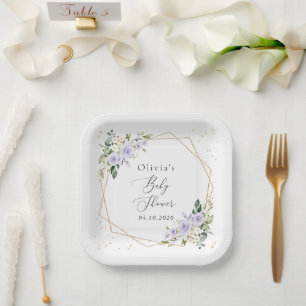 Purple Flowers, White Flowers, Boho, Baby Shower Paper Plate