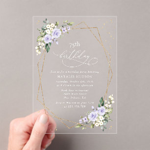 Purple Flowers, White Flowers, Greenery, Birthday Acrylic Invitations