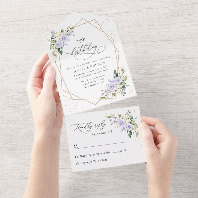Purple Flowers, White Flowers, Greenery, Birthday All In One Invitation (Tearaway)