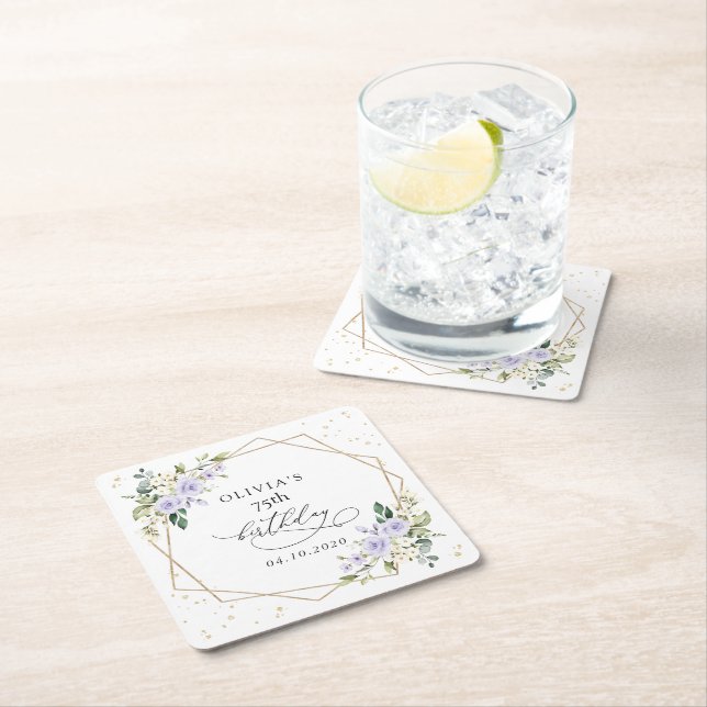 Purple Flowers, White Flowers, Greenery, Birthday Square Paper Coaster (Insitu)