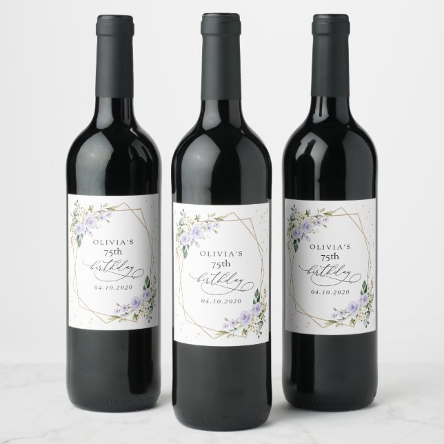 Purple Flowers, White Flowers, Greenery, Birthday Wine Label (Bottles)