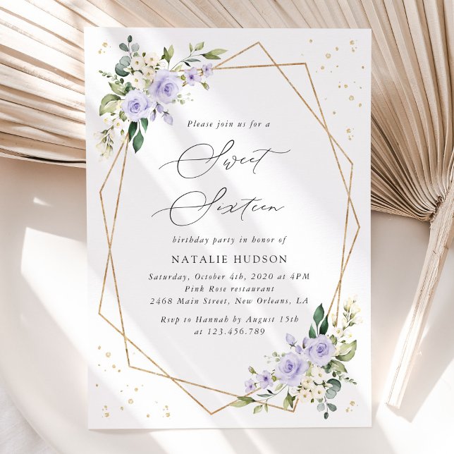 Purple Flowers, White Flowers, Greenery, Sweet 16 Invitation (Creator Uploaded)