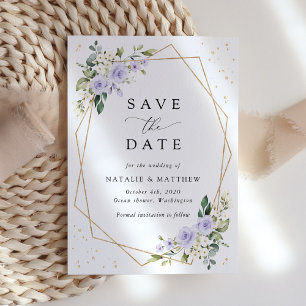Purple Flowers, White Flowers, Greenery, Wedding Save The Date