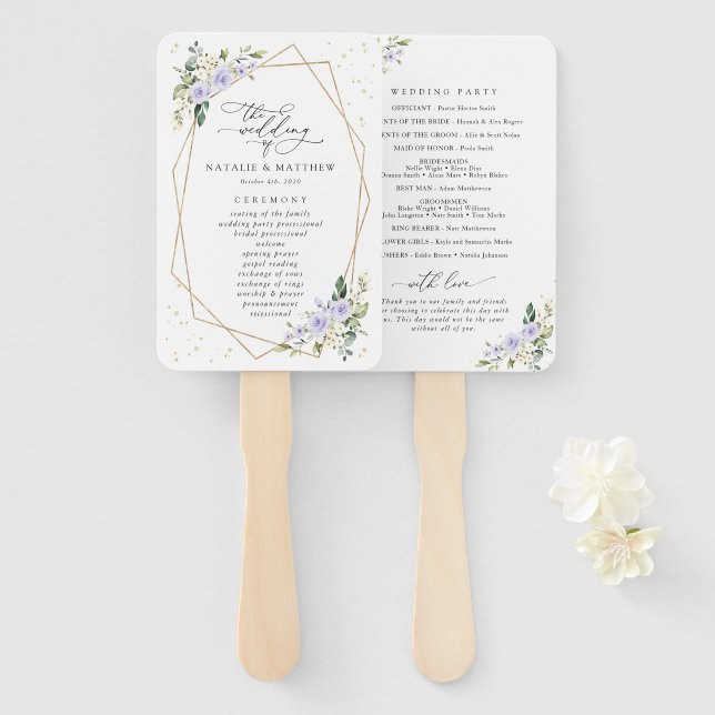 Purple Flowers, White Flowers, Wedding Program Hand Fan (Front and Back)