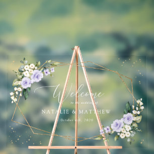 Purple Flowers, White Flowers, Wedding Welcome Acrylic Sign