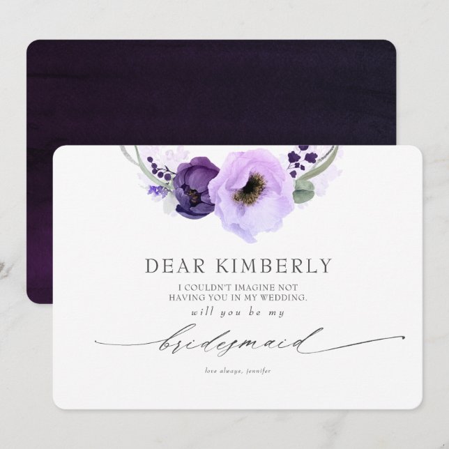 Purple Flowers Will You Be My Bridesmaid Proposal Invitation (Front/Back)