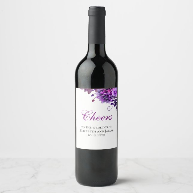Purple flowers wine glass. Cheers to the wedding Wine Label (Front)