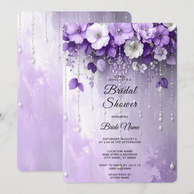 Purple Flowers with Dangling Pearls Bridal Shower Invitation (Front/Back)