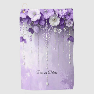 Purple Flowers with Dangling Pearls Golf Towel