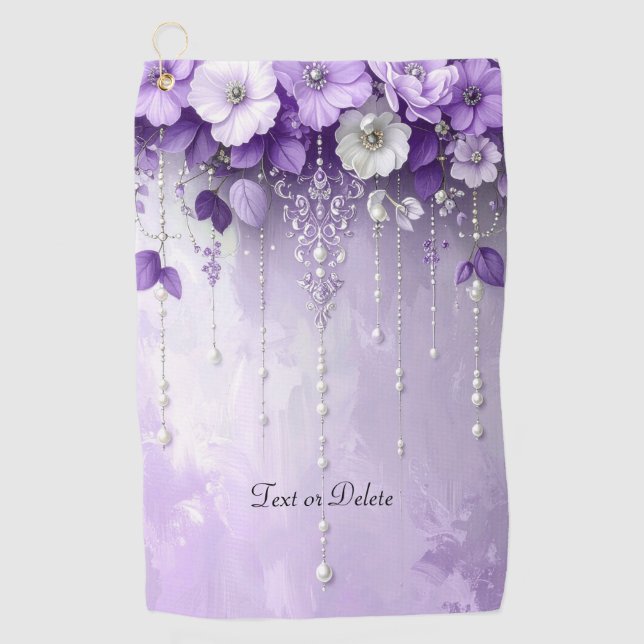 Purple Flowers with Dangling Pearls Golf Towel (Front)